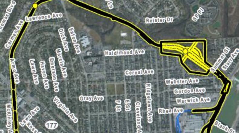 The dark lines indicate the portion of a rail line that once serviced the former Champion Paper plant on the west side of the Great Miami River. The city of Hamilton wants to acquire the former rail line from CSX to develop the Hamilton Beltline bike path. CONTRIBUTED