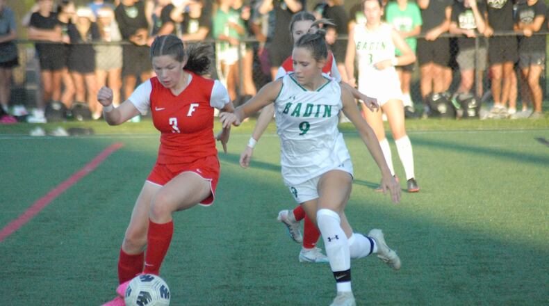 Fairfield's Emmie Hoffman (3) and Badin's Morgan Creech (9) go after a loose ball during Monday's game. Chris Vogt/CONTRIBUTED