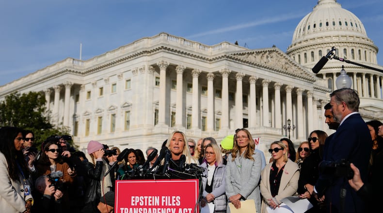 Rep. Marjorie Taylor Greene, R-Ga., speaks during a news conference on the Epstein Files Transparency Act, Tuesday, Nov. 18, 2025, outside the U.S. Capitol in Washington. (AP Photo/Julia Demaree Nikhinson)