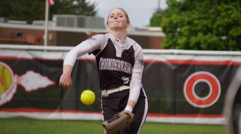 Lakota East's Kaleigh Crawford sends a practice pitch to the plate against Fairfield on Monday at Creekside Middle School. CHRIS VOGT/CONTRIBUTED PHOTO