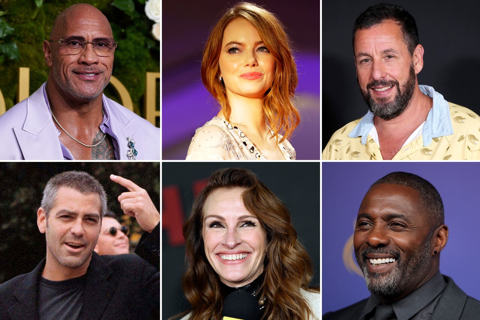 This photo combination shows, from top left, Dwayne Johnson on Jan. 5, 2025, Emma Stone on Aug. 30 , 2018, and Adam Sandler on Aug. 20, 2024. From bottom left, George Clooney on Sept. 8, 1998, Julia Roberts on Dec. 4, 2023, and Idris Elba on Sept. 15, 2024. (AP Photo/Jordan Strauss, Kirsty Wigglesworth, Charles Sykes, Francesco Proietti, Evan Agostini, Jae C. Hong)