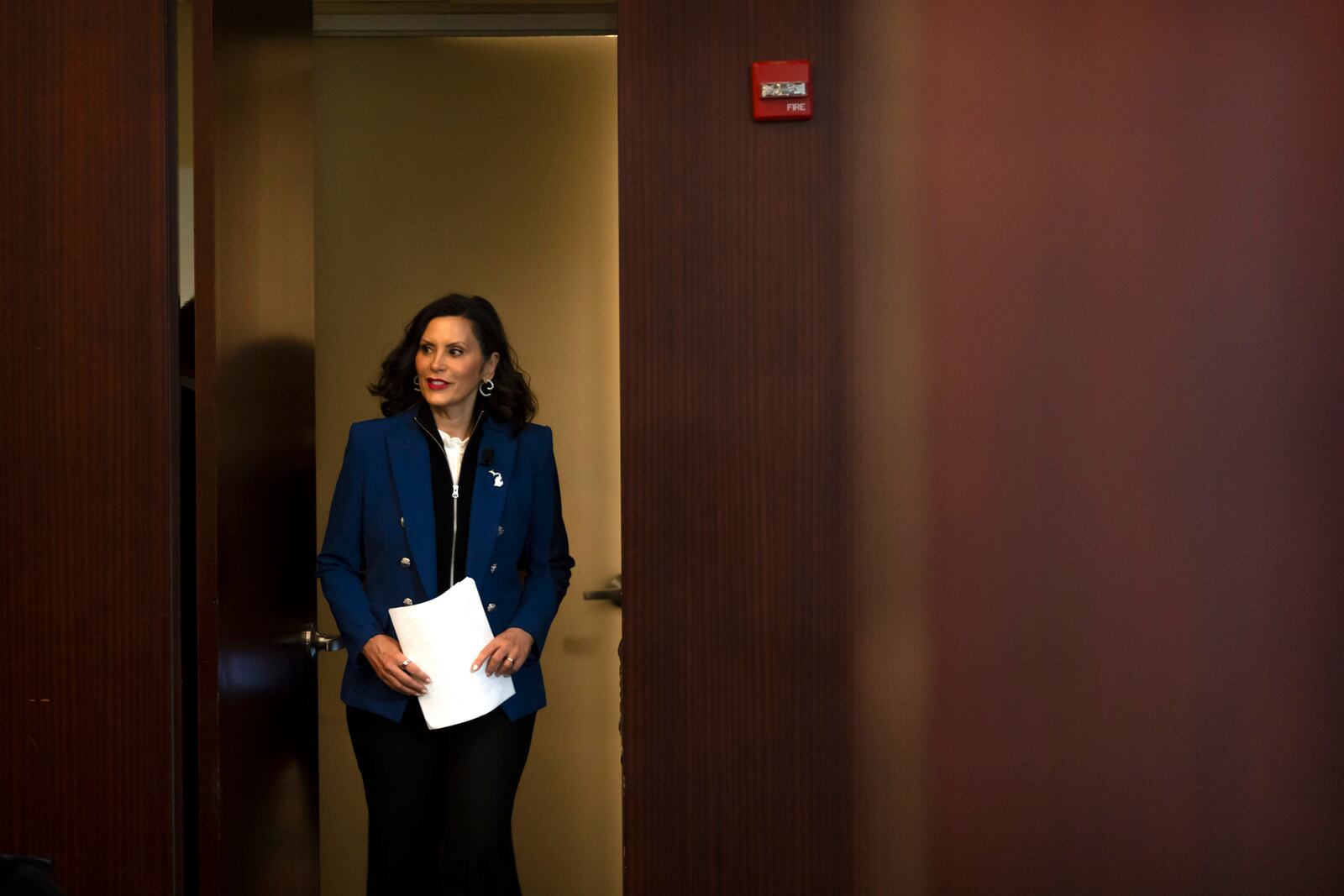 Michigan Gov. Gretchen Whitmer arrives to give a policy speech at an event on Wednesday, April 9, 2025, in Washington. (AP Photo/Mark Schiefelbein)