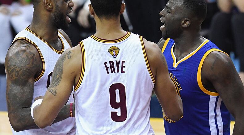 CLEVELAND, OH - JUNE 10: LeBron James #23 of the Cleveland Cavaliers exchanges words with Draymond Green #23 of the Golden State Warriors during the second half in Game 4 of the 2016 NBA Finals at Quicken Loans Arena on June 10, 2016 in Cleveland, Ohio. NOTE TO USER: User expressly acknowledges and agrees that, by downloading and or using this photograph, User is consenting to the terms and conditions of the Getty Images License Agreement. (Photo by Jason Miller/Getty Images)