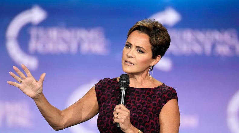 FILE - Kari Lake speaks to supporters at a campaign event, Sept. 4, 2024, in Mesa, Ariz. (AP Photo/Ross D. Franklin, File)