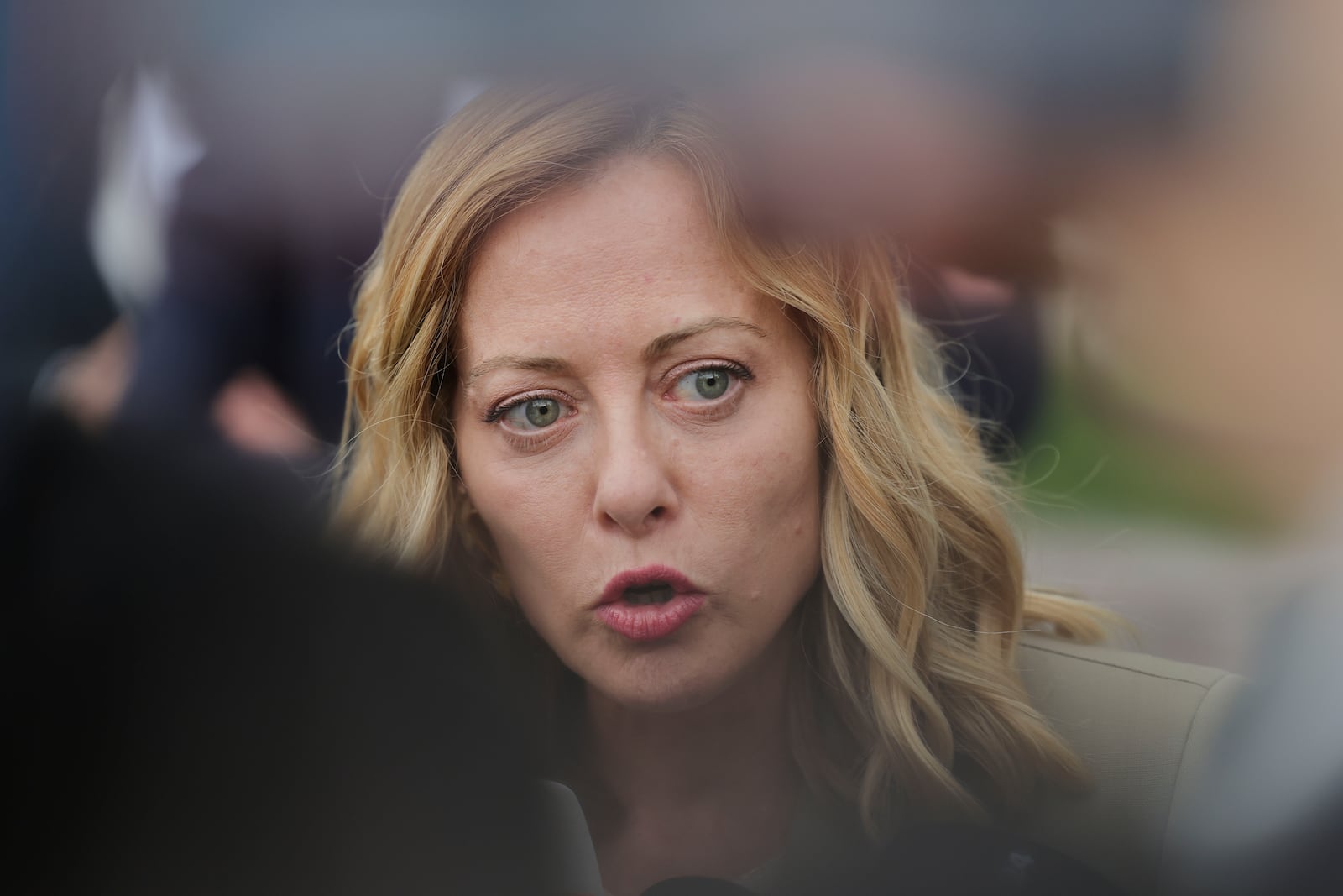 Italy's Prime Minister Giorgia Meloni attends the European Political Community summit in Tirana, Albania, Friday, May 16, 2025. (AP Photo/Vlasov Sulaj)