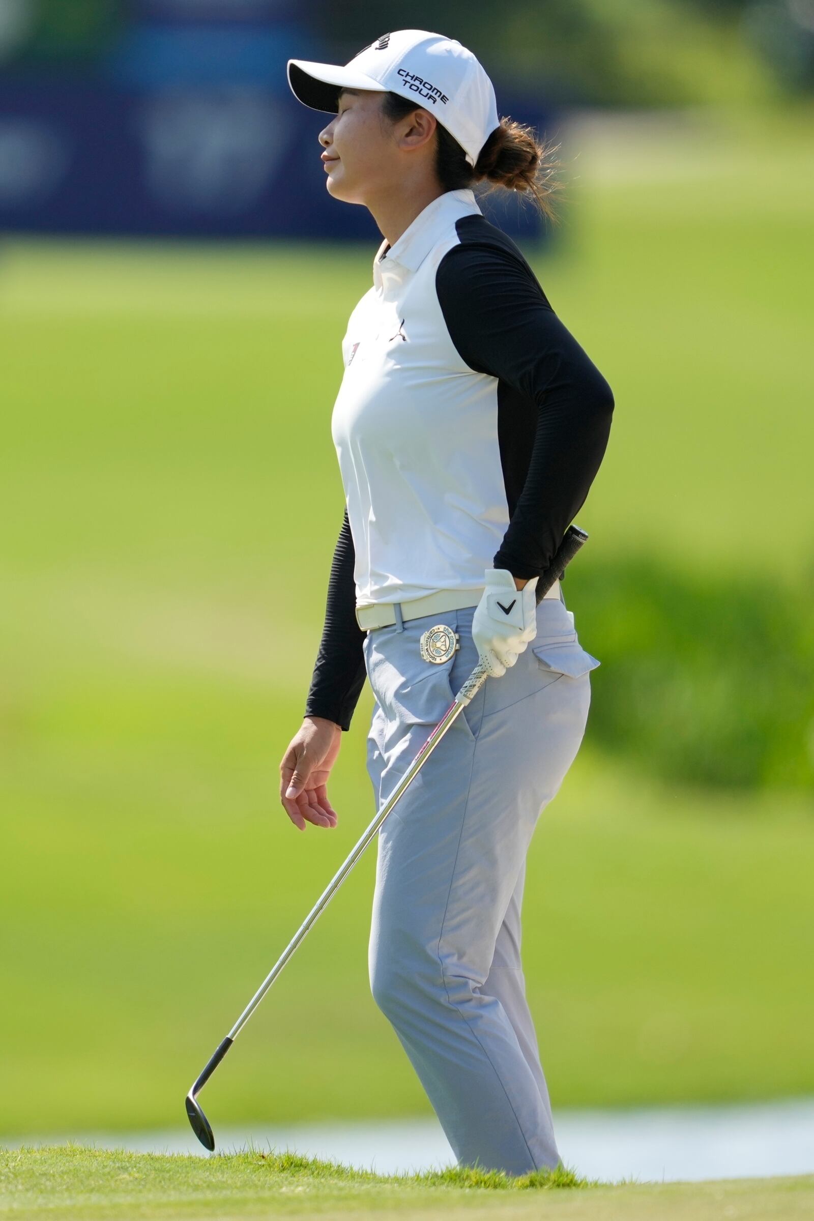 Yan Liu, of China, reacts to her play on the 17th green during the third round of the Chevron Championship LPGA golf tournament Saturday, April 26, 2025, in The Woodlands, Texas. (AP Photo/Ashley Landis)