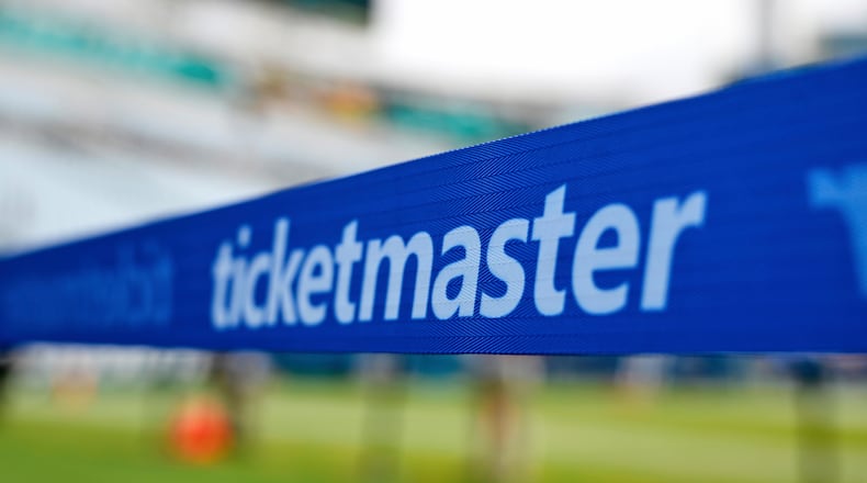 FILE - The Ticketmaster logo is seen along the sideline of the field before an NFL football game, Sept. 15, 2024, in Jacksonville, Fla. (AP Photo/Phelan M. Ebenhack, File)
