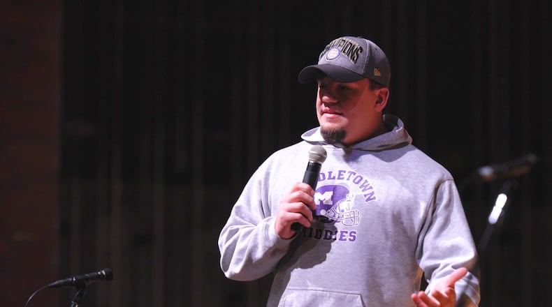 Kyle Schwarber, a 2011 Middletown High School graduate, will have his MHS baseball jersey retired tonight during halftime of the basketball game. After winning the 2016 World Series with the Chicago Cubs Schwarber met with Middletown High School students. NICK GRAHAM/STAFF