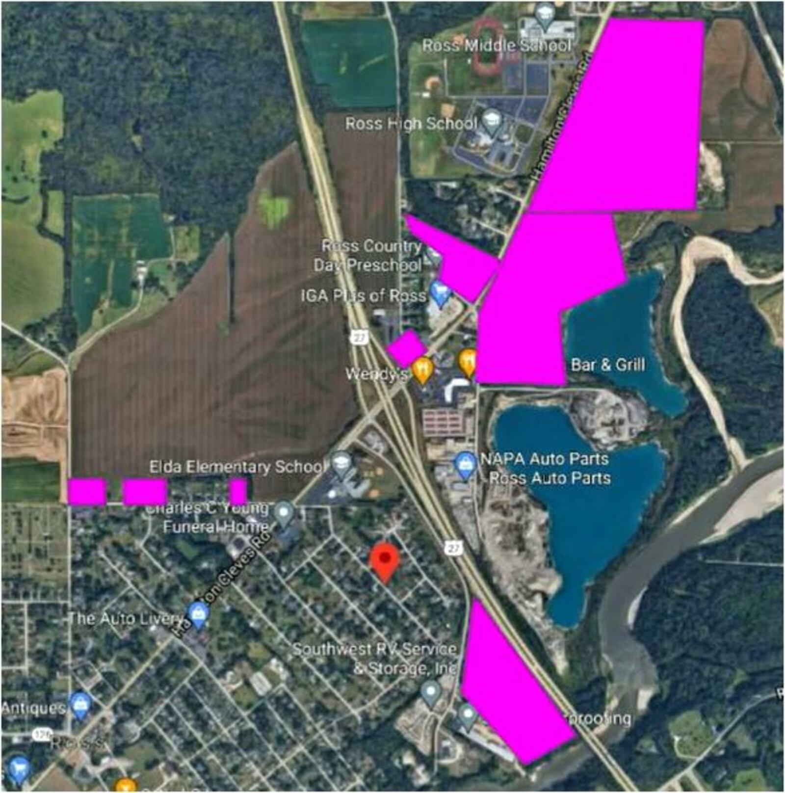 Hamilton has voted to enter a Joint Economic Development District with Ross Township. If hotels are built on he lands in the designated properties, shown in pink, they must have a tax that benefits parking at Spooky Nook Sports Champion Mill. The pink areas, created by the city, may not be exact. PROVIDED