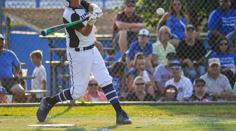 West Side Little League’s Connor Cuozzo hits a home run during their Ohio District 9 Little League Championship win over Anderson Township Wednesday, July 10, 2019, at the West Side Little League complex in Hamilton. Cuozzo homered in West Side’s win over Maumee on Saturday in the state tournament. NICK GRAHAM/STAFF