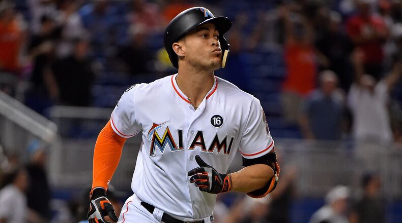 Miami Marlins right fielder Giancarlo Stanton hit 55 home runs last season.