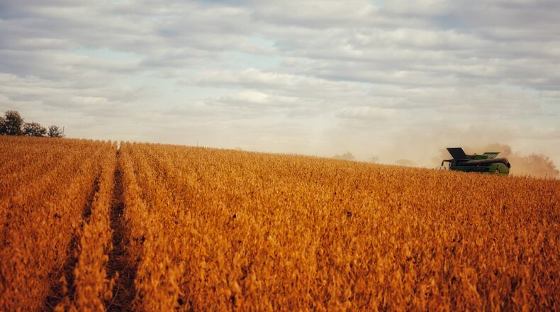 Miami Valley farmers are busy in mid-October harvesting corn and soybeans. Ohio has about 80,000 farms averaging 206 acres in size. JIM NOELKER/STAFF