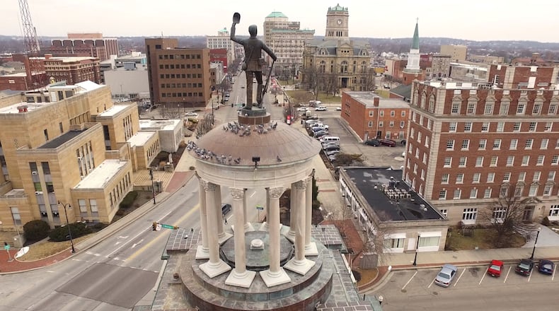 The "Victory, Jewel of the Soul" (also known as Billy Yank) sculpture by Rudolph Thiem stands atop the Soldiers, Sailors and Pioneers Monument at the High Street Bridge in downtown Hamilton. FILE