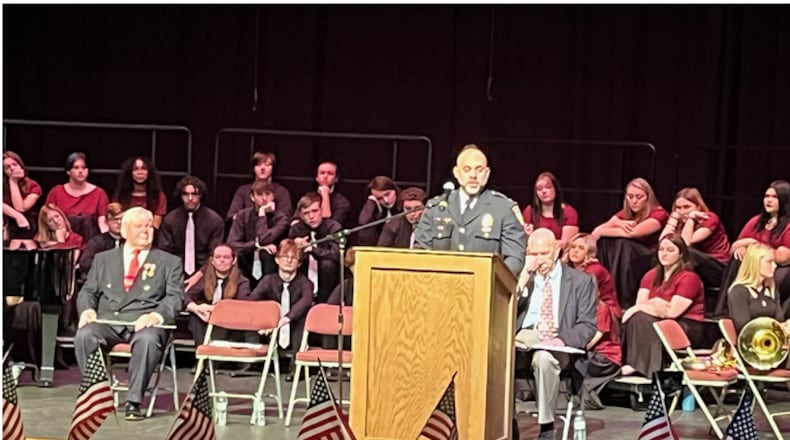Franklin police Chief Adam Colon was the featured speaker at the 23rd annual Veterans Day Program at Franklin High School. Colon, an Army veteran, spoke about values he learned in the service that he continues to follow. ED RICHTER/STAFF