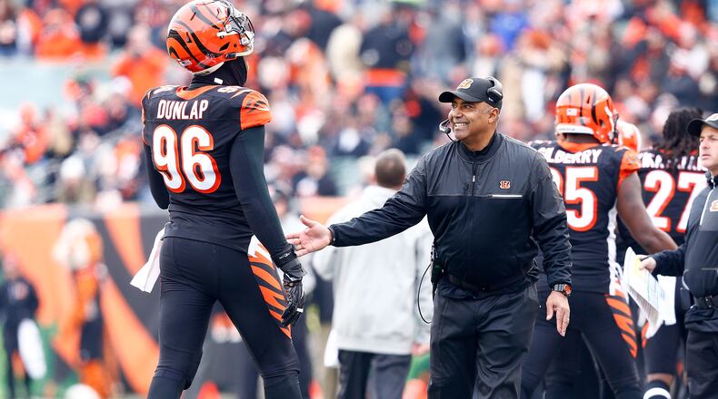 Bengals head coach Marvin Lewis was quite happy after Carlos Dunlap made against the Ravens in a 27-10 win over the Ravens on Jan. 1 in Paul Brown Stadium. He was pleased as well over the weekend when he made a fancy putt from off a green in a celebrity golf tournament in Lake Tahoe.