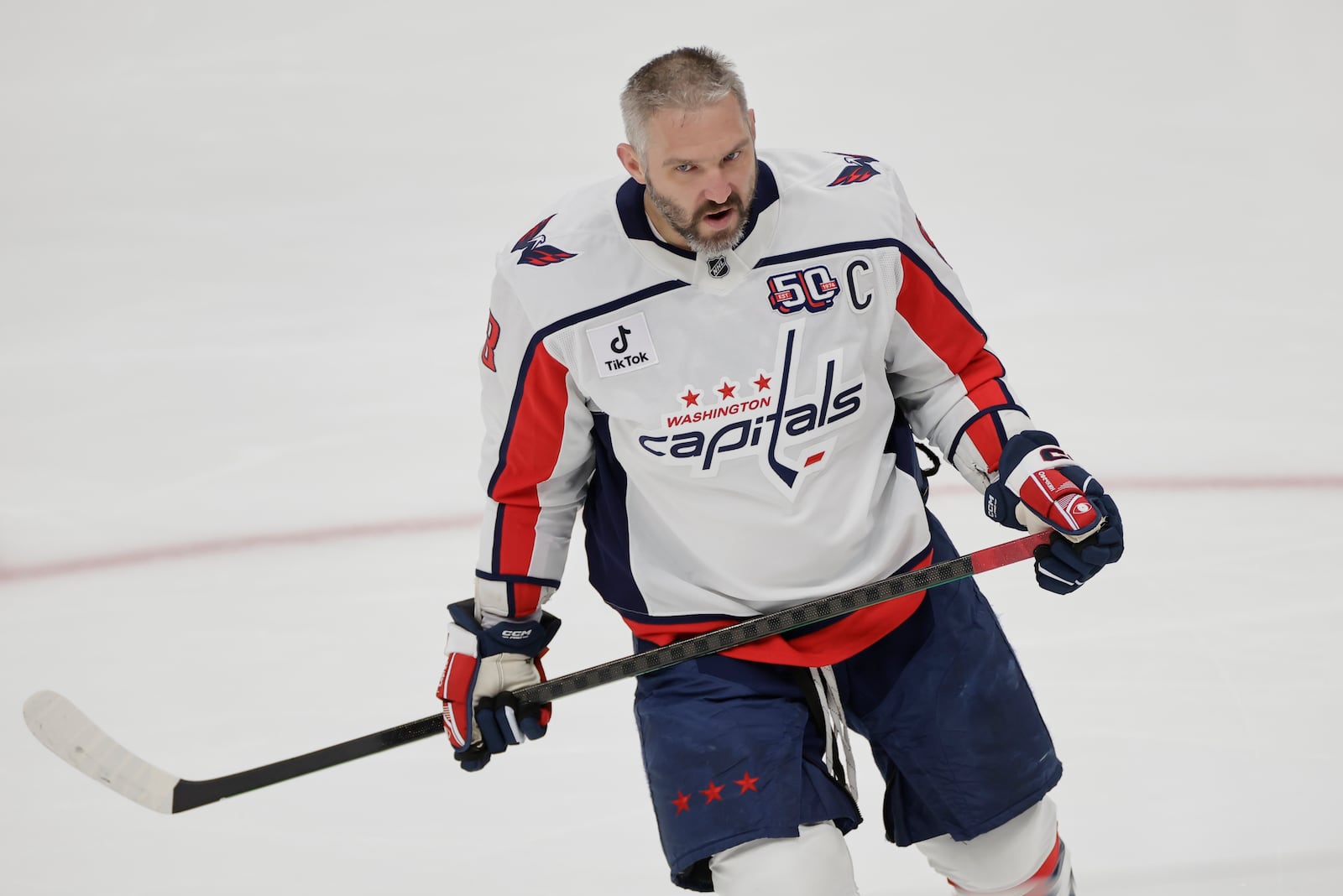 Washington Capitals left wing Alex Ovechkin warms-up before an NHL hockey game against New York Islanders in Elmont, N.Y., Sunday, April 6, 2025. (AP Photo/Adam Hunger)