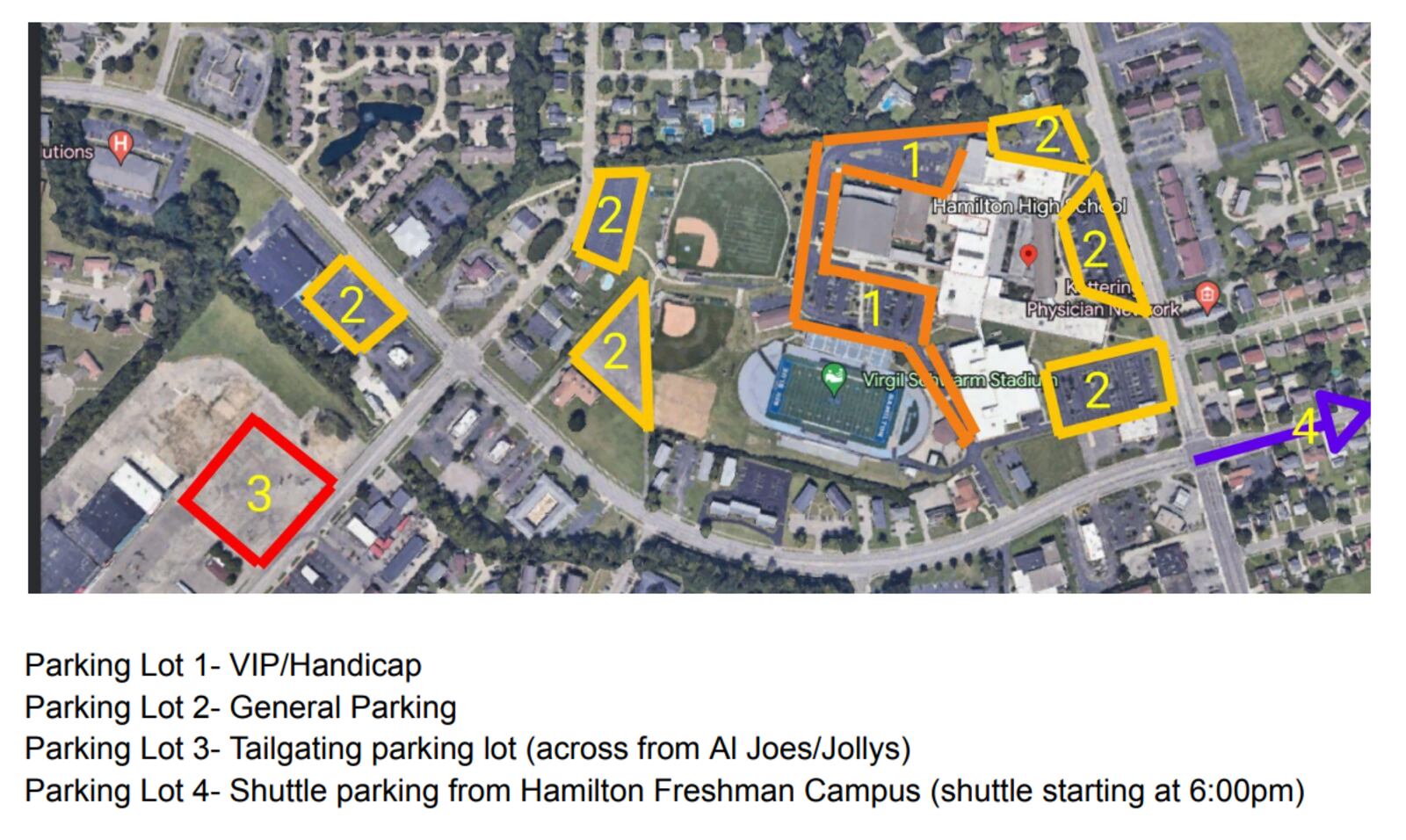 This is the parking map for the Showdown at the Schwarm, the historic matchup between Hamilton High School and Badin High School. This is the first football game between the in-city rivals in 23 years. PROVIDED