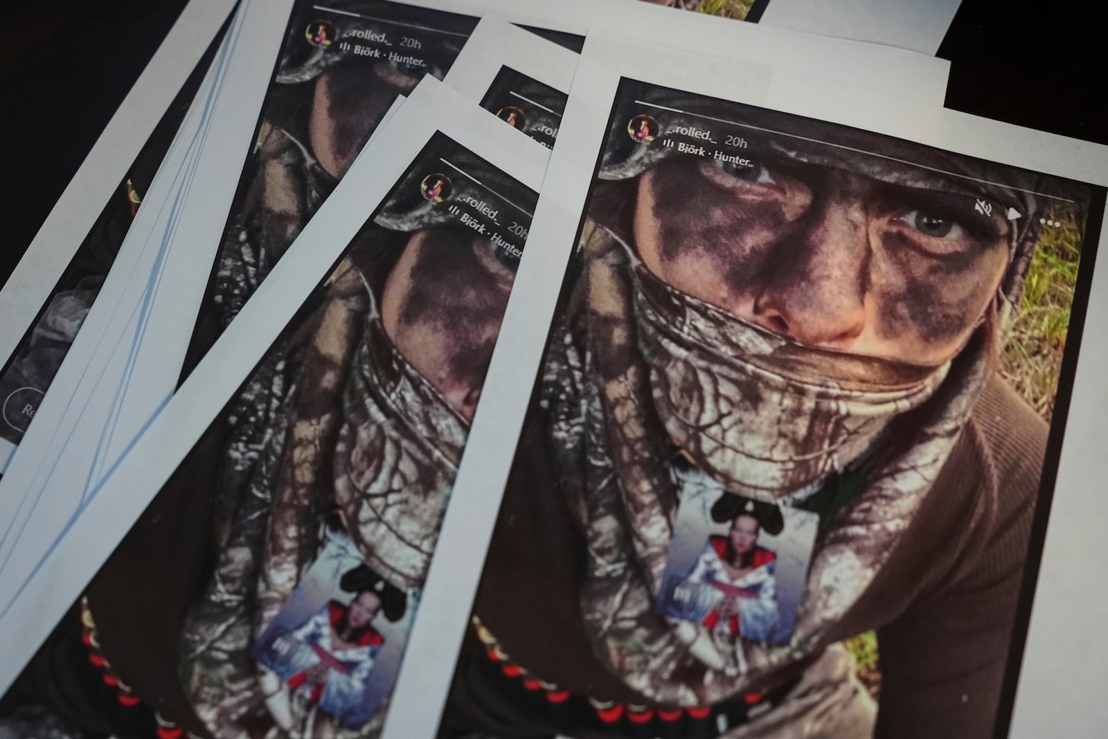 Handout screenshots of suspect Wess Roley's Instagram story are seen at the Kootenai County Sheriff's Office during a press conference the day after Roley ambushed, shot and killed multiple firefighters responding to a wildfire at Canfield Mountain Monday, June 30, 2025, in Hayden, Idaho. (AP Photo/Lindsey Wasson)