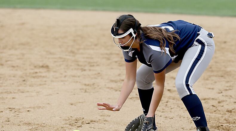 Edgewood first baseman Madison Asher fields a Talawanda ground ball during a game in Oxford on April 21, 2017. CONTRIBUTED PHOTO BY E.L. HUBBARD