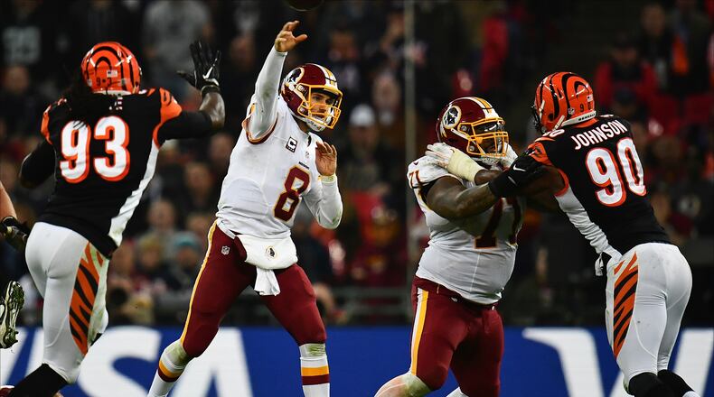 LONDON, ENGLAND - OCTOBER 30:  Kirk Cousins #8 of the Washington Redskins throws a pass during the NFL International Series Game between Washington Redskins and Cincinnati Bengals at Wembley Stadium on October 30, 2016 in London, England. (Photo by Dan Mullan/Getty Images)