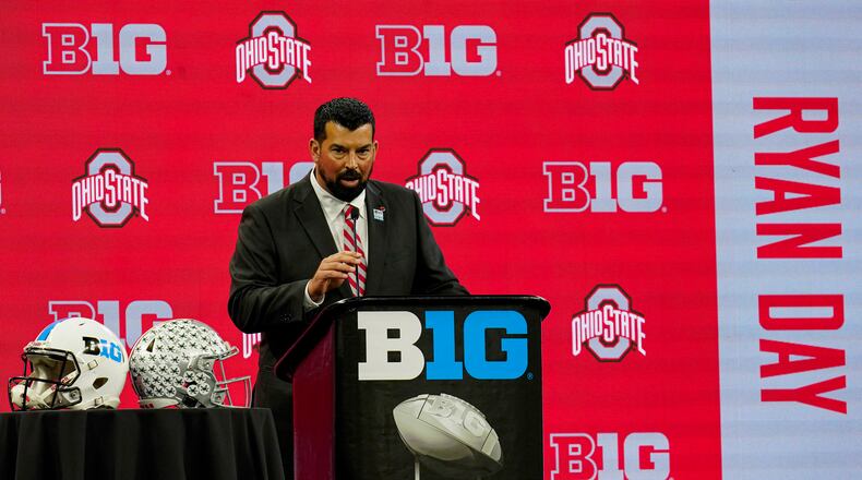 Ohio State head coach Ryan Day talks to reporters during an NCAA college football news conference at the Big Ten Conference media days, at Lucas Oil Stadium in Indianapolis, Friday, July 23, 2021. (AP Photo/Michael Conroy)