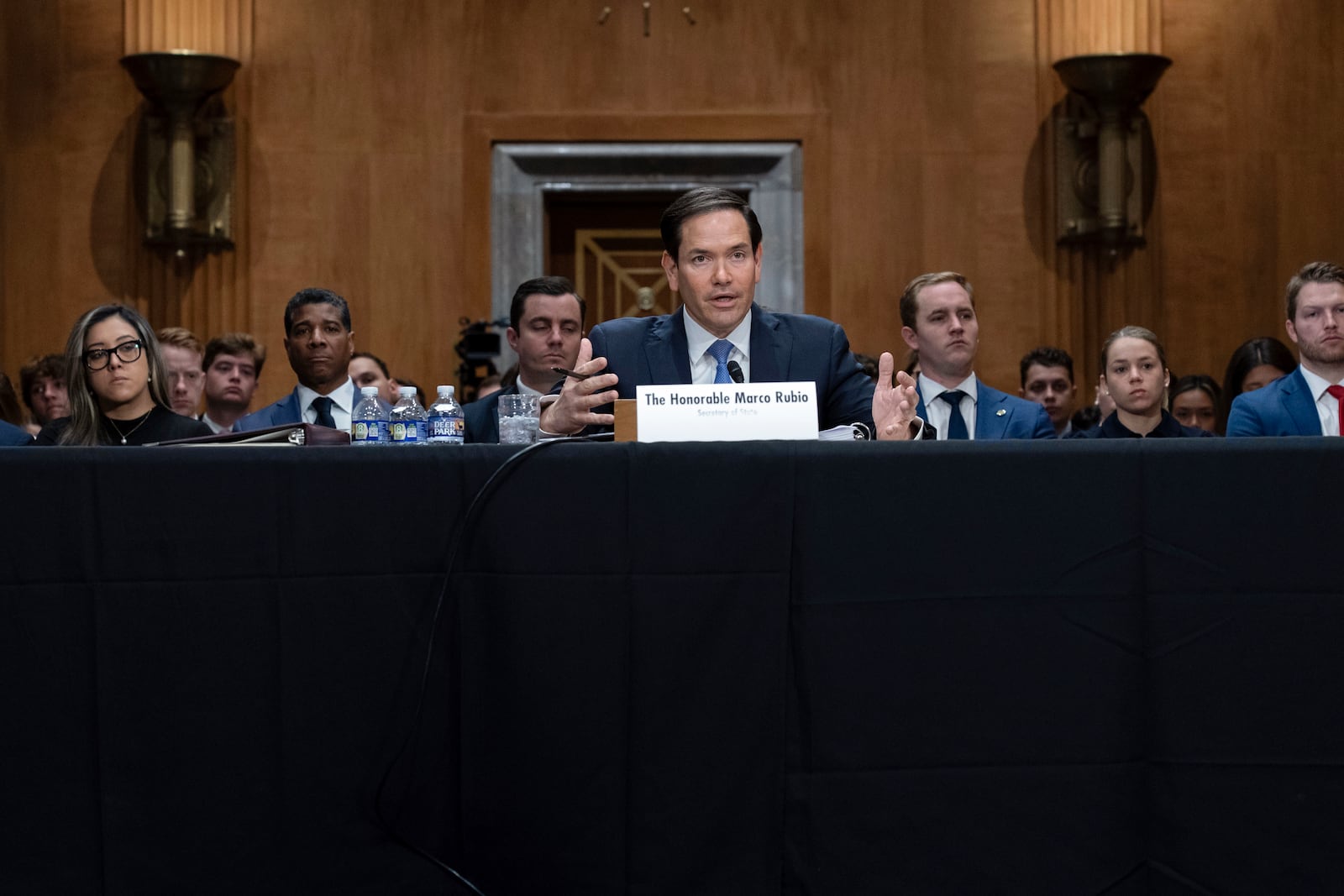 Secretary of State Marco Rubio testifies before the Senate Committee on Foreign Relations hearing to examine the President's proposed budget request for fiscal year 2026 for the Department of State on Capitol Hill in Washington, Tuesday, May 20, 2025. (AP Photo/Jose Luis Magana)
