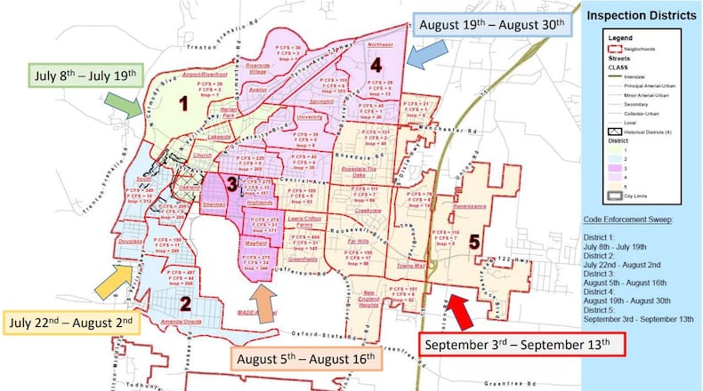 Map of code enforcement sweep districts and dates. CITY OF MIDDLETOWN