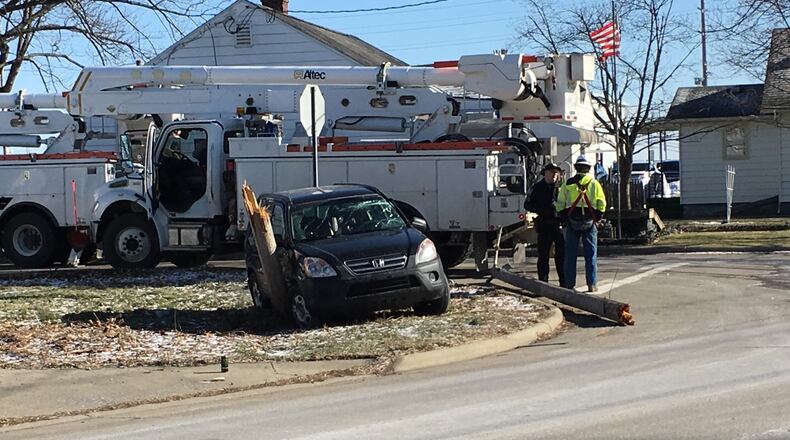 A car warming up in bitterly cold temps was stolen on Friday, Jan. 25, 2019, from a Middletown residence and crashed a short time later on Roosevelt Avenue, taking down a utility pole. ED RICHTER / STAFF