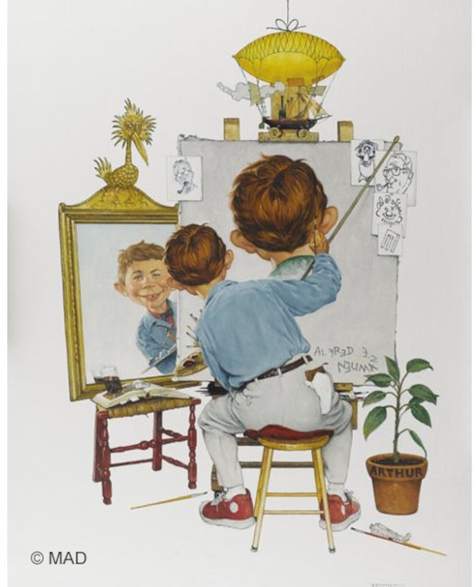 This is "Alfred E. Neuman" and Norman Rockwell" by Richard Williams. It is a cover illustration for "Mad Art: A Visual Celebration of MAD Magazine and the Idiots Who Create It." CONTRIBUTED