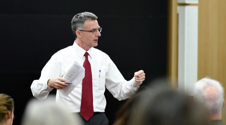 Michael Curme, dean of students at Miami University, led a rare public meeting Friday, Feb. 24, 2017, at the school’s Shriver Center. More than 120 students came to listen and to offer input on how the Butler County school might curb alcohol abuse on and off campus. NICK GRAHAM/STAFF