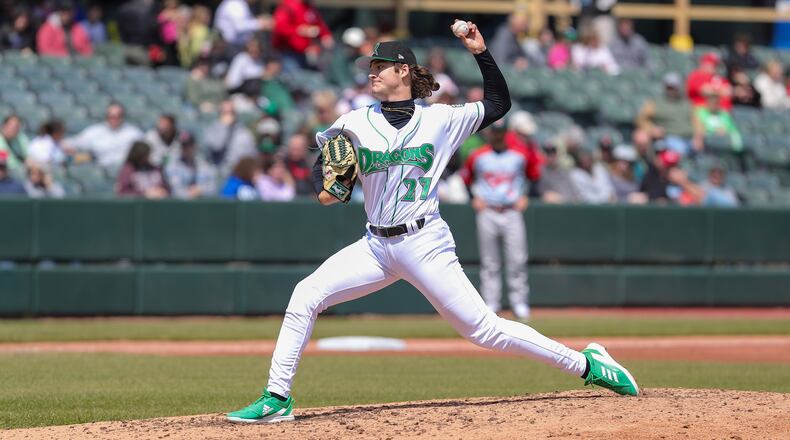 Dayton Dragons pitcher Adam Serwinowski motions towards the plate during their game against the Fort Wayne TinCaps on Saturday afternoon at Day Air Ballpark. Michael Cooper/STAFF