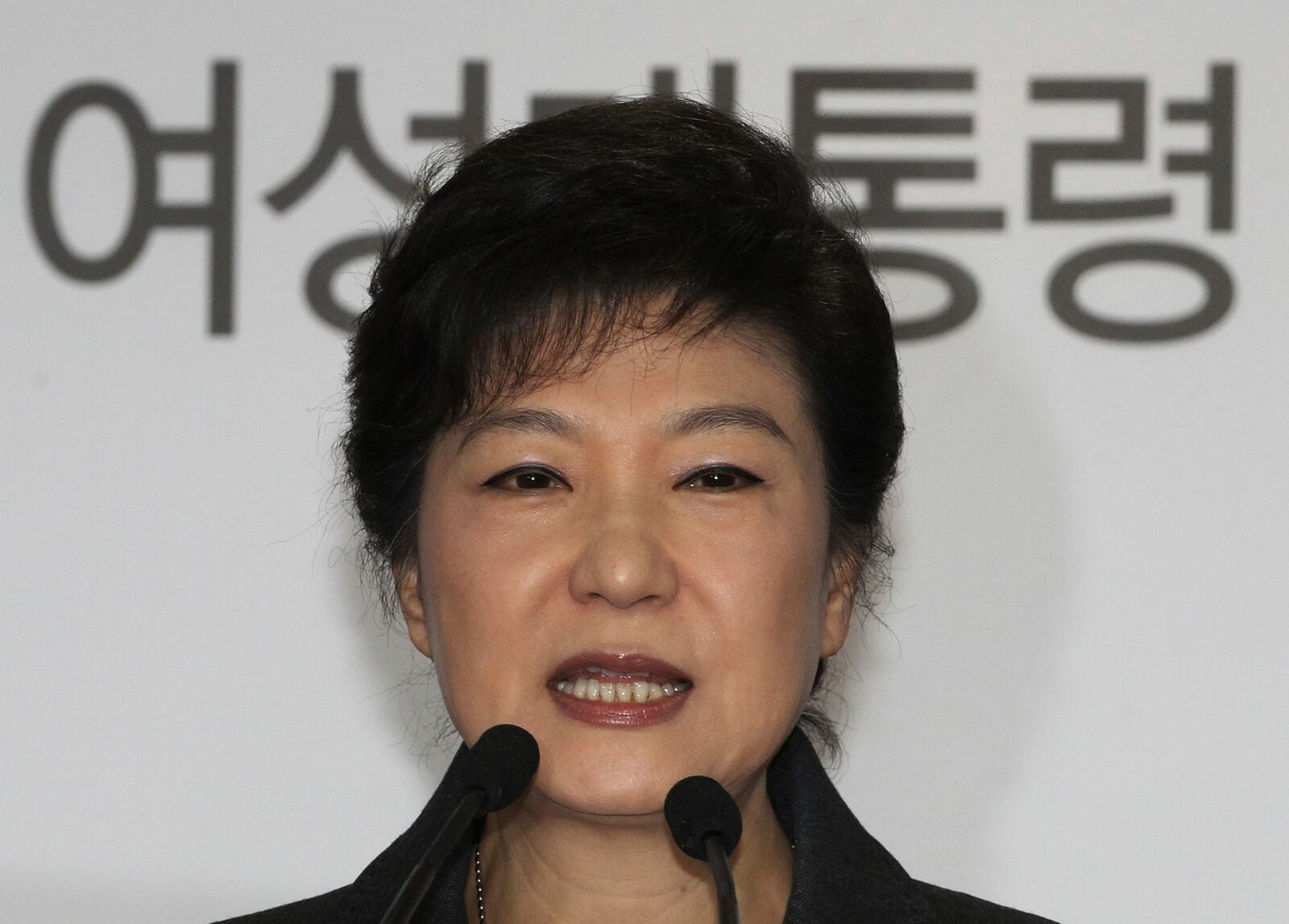 FILE - South Korea's president-elected Park Geun-hye speaks during a press conference at the headquarters of Saenuri Party in Seoul, South Korea, on Dec. 20, 2012. The letters read " Female President." (AP Photo/Ahn Young-joon, File)
