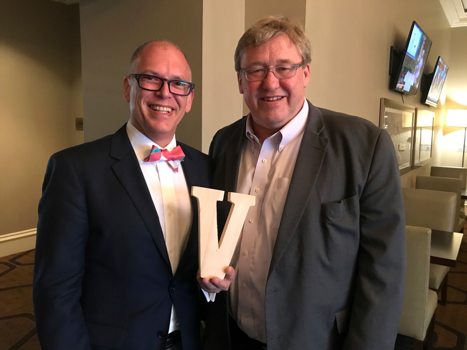 This April 2016 photo provided by Rick Hodges shows Jim Obergefell, left, and Rick Hodges posing for a picture in Columbus, Ohio. (Rick Hodges via AP)
