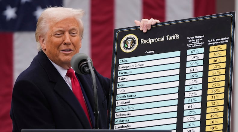 FILE - President Donald Trump speaks during an event to announce new tariffs in the Rose Garden at the White House, on April 2, 2025, in Washington. (AP Photo/Mark Schiefelbein, File)