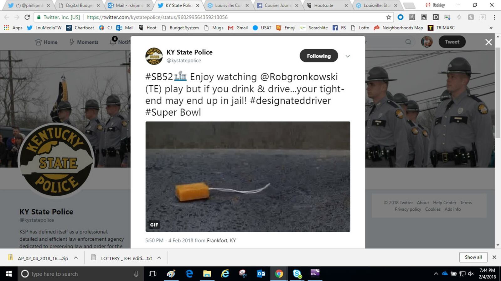 A screenshot of a tweet from Kentucky State Police makes a joke about rape in connection with the Super Bowl on Sunday, Feb. 4, 2018.