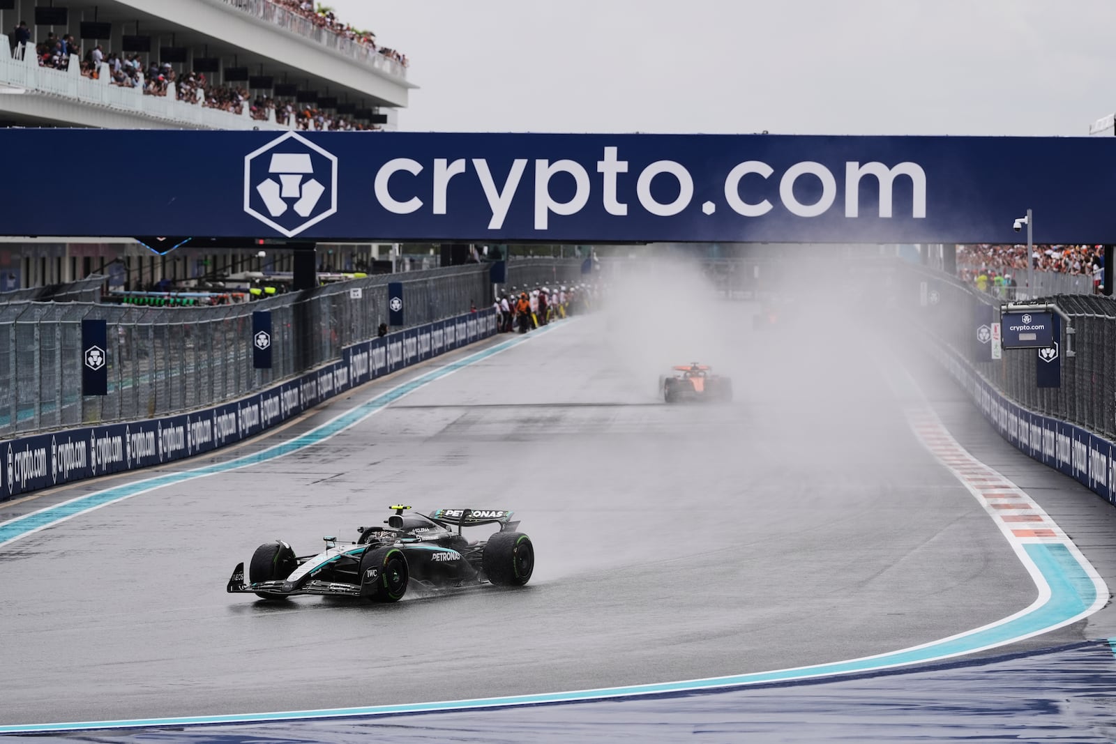 Drivers participate in a safety car lap before the Sprint race at the Formula One Miami Grand Prix auto race, Saturday, May 3, 2025, in Miami Gardens, Fla. (AP Photo/Rebecca Blackwell)