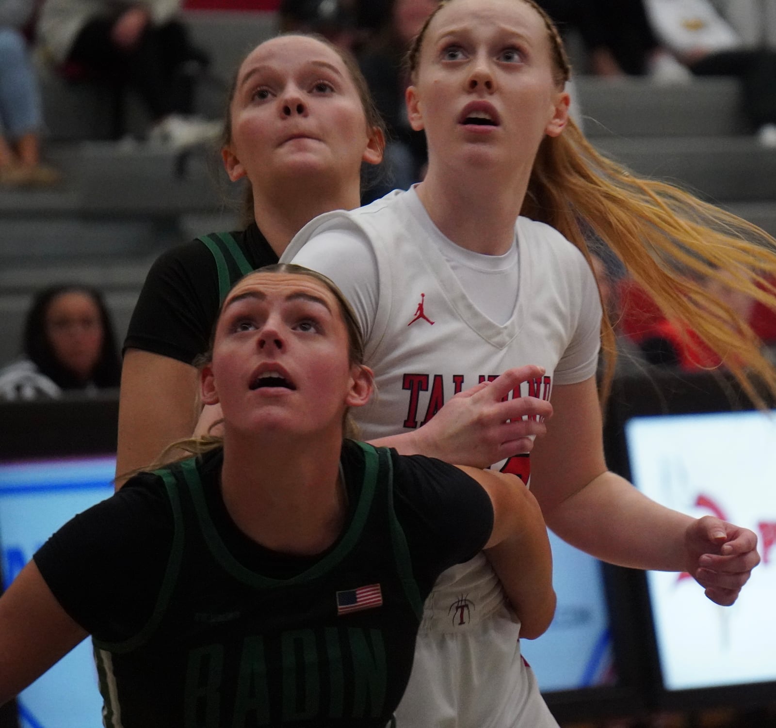 Badin's Braelyn Even boxes out Talawanda's Bella Cobb during a Division III district semifinal game on Wednesday night at Princeton. CHRIS VOGT / CONTRIBUTED