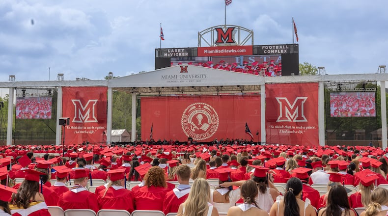 Miami University celebrated the graduation of 4,555 students during its 184th spring commencement ceremony Saturday, May 13, 2023 at Yager Stadium on the Oxford campus. President Gregory Crawford presided with alumna and Hamilton native Nicole Fleetwood offering the commencement address. CONTRIBUTED/MIAMI UNIVERSITY