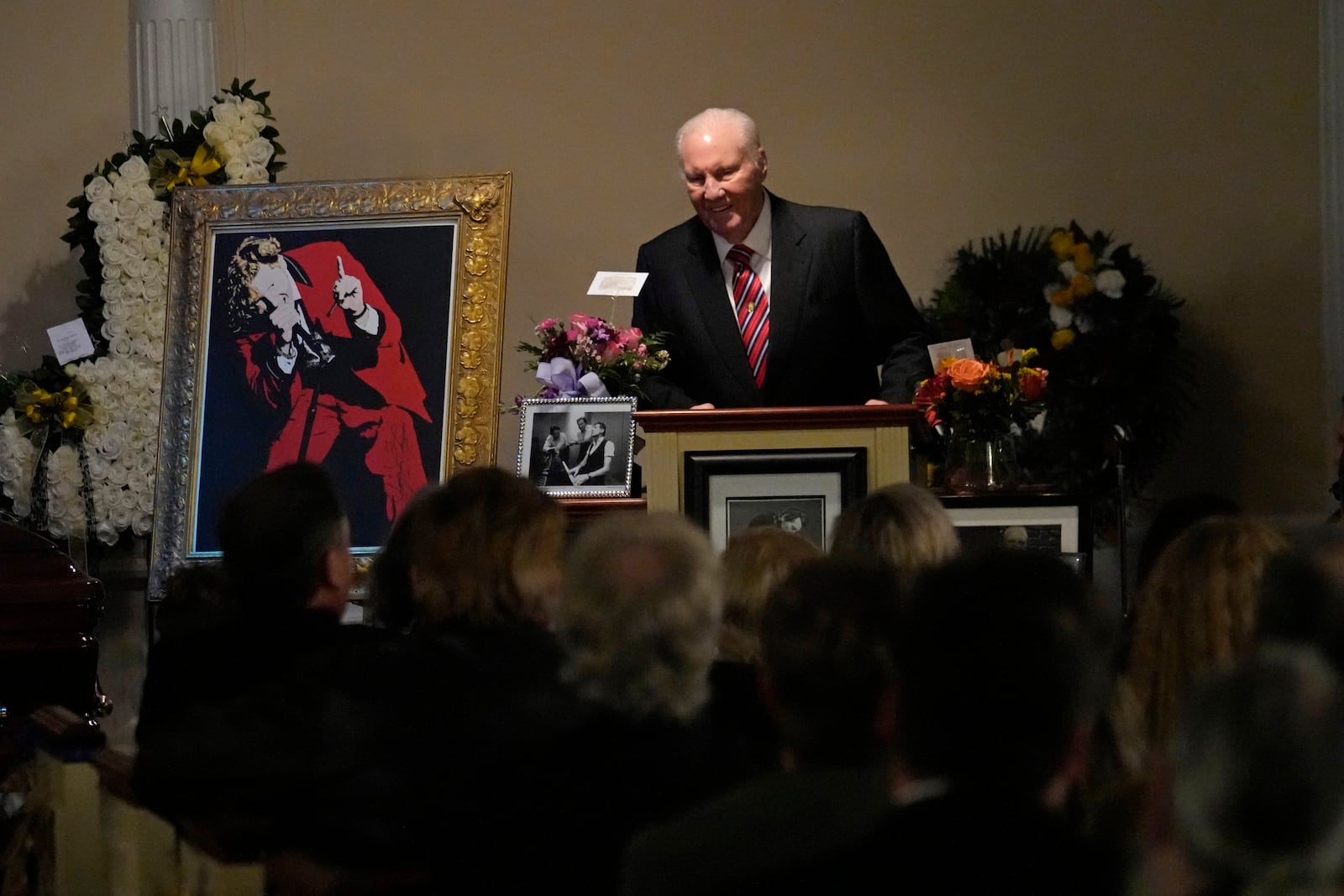 FILE - Televangelist Jimmy Swaggart speaks at the funeral service for his cousin, rock and roll pioneer Jerry Lee Lewis, in Ferriday, La., Saturday, Nov. 5, 2022. (AP Photo/Gerald Herbert, file)