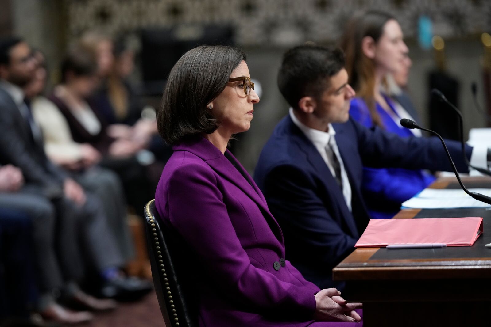 Former Justice Department attorney Liz Oyer testifies before the House and Senate Judiciary Committee members during a hearing on the Justice Department under President Donald Trump, on Capitol Hill in Washington, Monday, April 7, 2025. (AP Photo/J. Scott Applewhite)