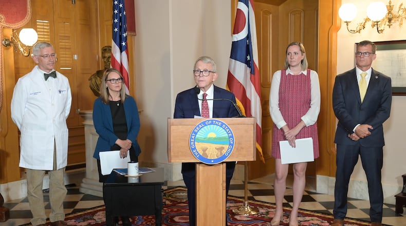 Ohio Gov. Mike DeWine, Ohio Department of Health director Dr. Bruce Vanderhoff, RecoveryOhio director Aimee Shadwick, Ohio Department of Mental Health and Addiction Services director LeeAnne Cornyn, and Ohio Department of Public Safety director Andy Wilson discuss how overdose deaths dropped 9% in Ohio last year, highlighting different programs from the state that contributed toward education, harm reduction, treatment and law enforcement around substance use during a press conference held Oct. 30, 2024 at the Ohio Statehouse. CONTRIBUTED