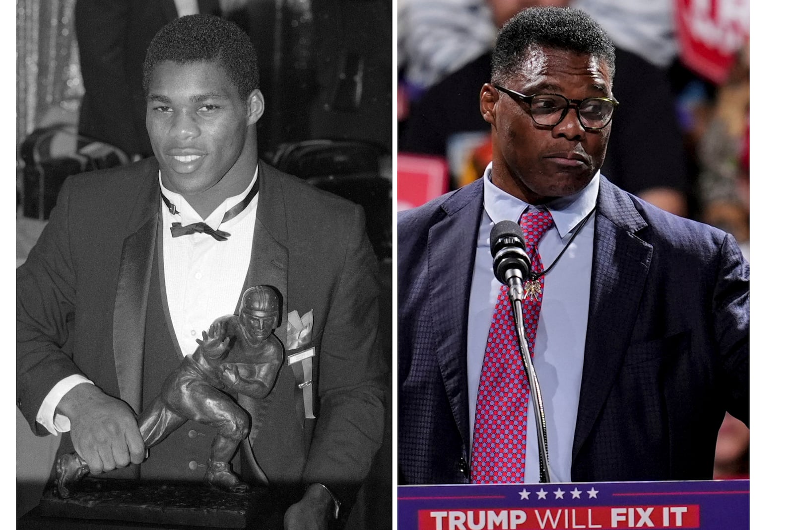 At left, Heisman Trophy winner Herschel Walker attends an award banquet Dec. 9, 1982, in New York, and at right speaks during a campaign rally for Republican presidential candidate former President Donald Trump, Nov. 3, 2024, in Macon, Ga. (AP Photo/File)