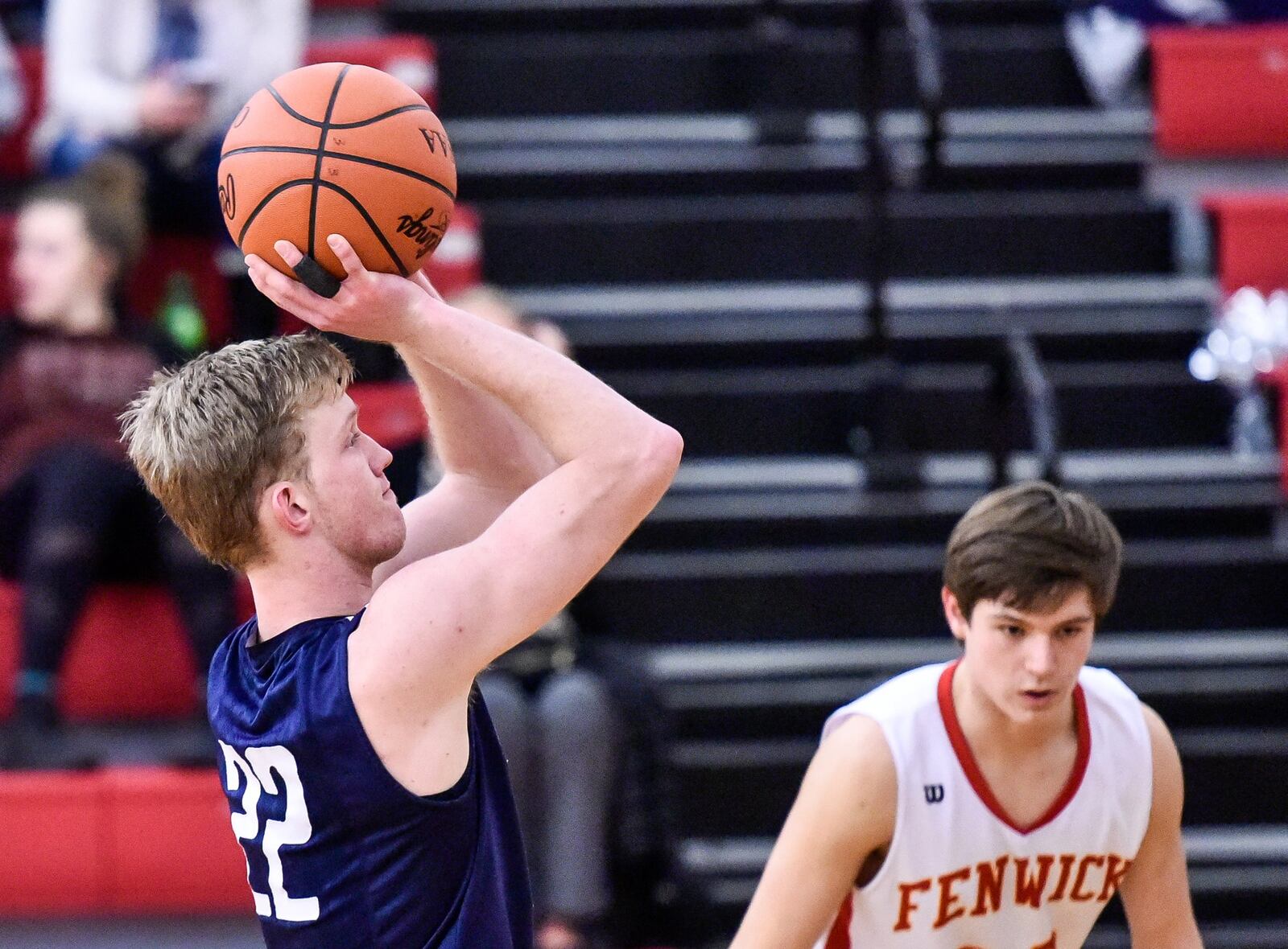 Edgewood’s Ethan McCarty puts up a foul shot during Tuesday night’s game at Fenwick. NICK GRAHAM/STAFF