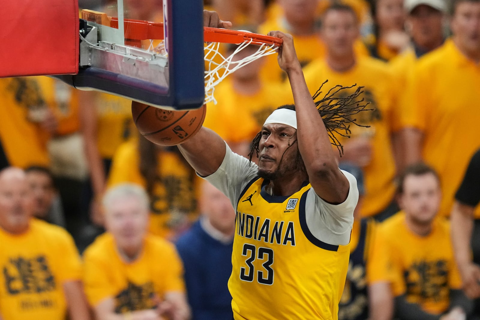 Indiana Pacers center Myles Turner dunks against the Oklahoma City Thunder during the second half of Game 6 of the NBA Finals basketball series, Thursday, June 19, 2025, in Indianapolis. (AP Photo/Michael Conroy)