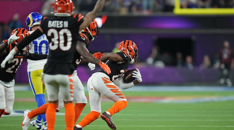 Cincinnati Bengals cornerback Chidobe Awuzie catches an interception during the 2022 Super Bowl halftime show in Inglewood, Calif. Feb. 13, 2022. (AJ Mast/The New York Times)