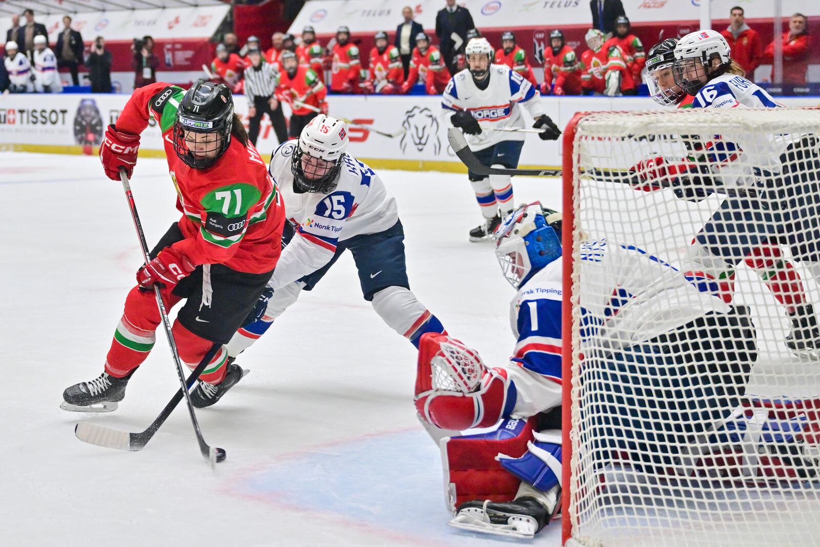 From left, Fruzsina Mayer of Hungary, Emilie Kruse of Norway and goalkeeper Ena Nyström of Norway in action during the IIHF Women's World Championship, Group B, match between Hungary and Norway, in Ceske Budejovice, Czech Republic, Sunday, April 13, 2025. (Václav Pancer/CTK via AP)