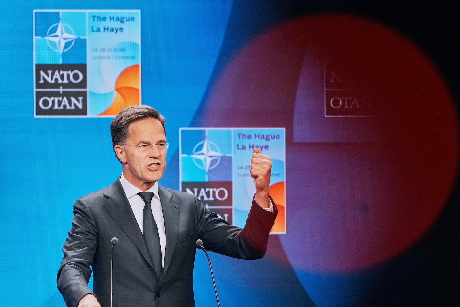 NATO Secretary General Mark Rutte speaks during a media conference in The Hague, Netherlands, Monday, June 23, 2025 ahead of the NATO summit. (AP Photo/Markus Schreiber)