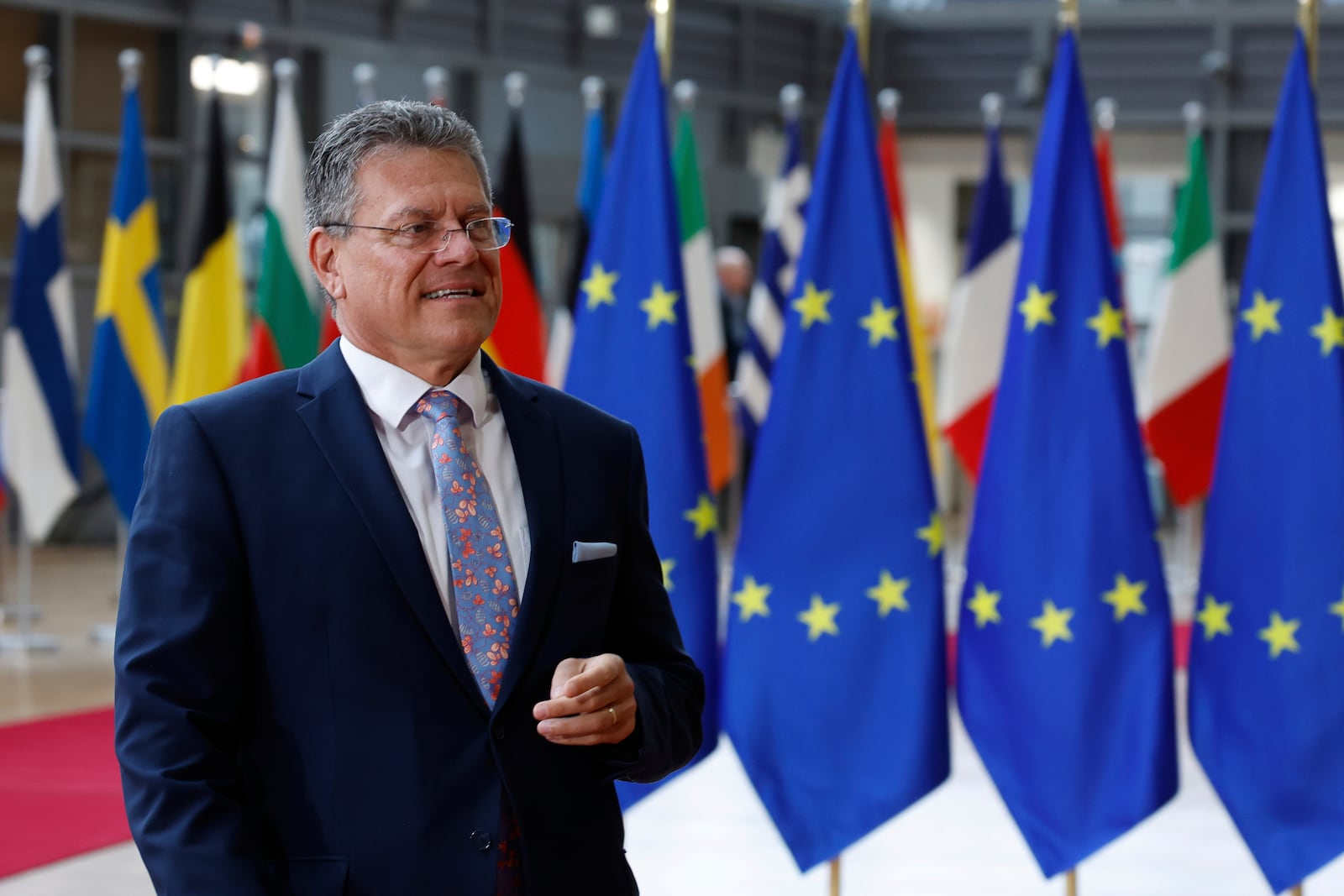 FILE - European Commissioner for Trade and Economic Security Maros Sefcovic arrives for a meeting of EU trade ministers at the European Council building in Brussels, May 15, 2025. (AP Photo/Omar Havana, File)