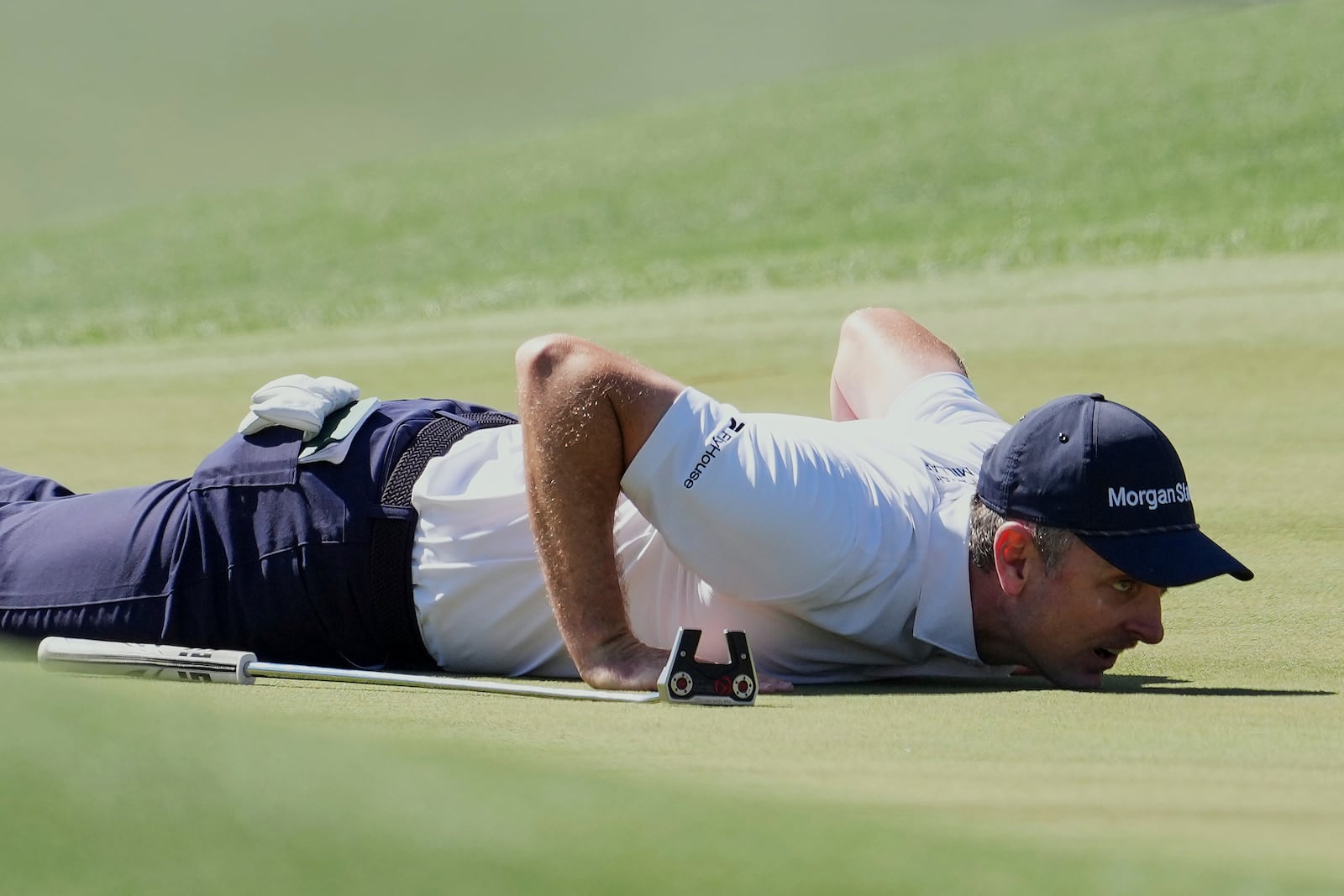 Justin Rose lines up a putt on the eighth hole during the second round at the Masters golf tournament, Friday, April 11, 2025, in Augusta, Ga. (AP Photo/Matt Slocum)