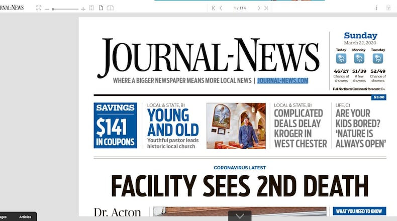 Journal-News ePaper front page, March 22, 2020.